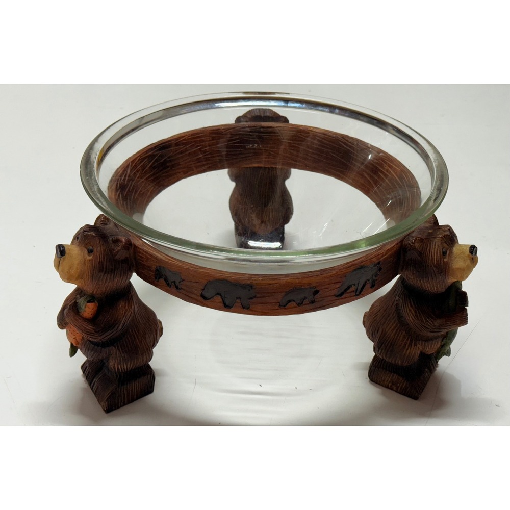 Rustic Bear Candy Dish Bowl Glass Insert Cabin Decor Woodland